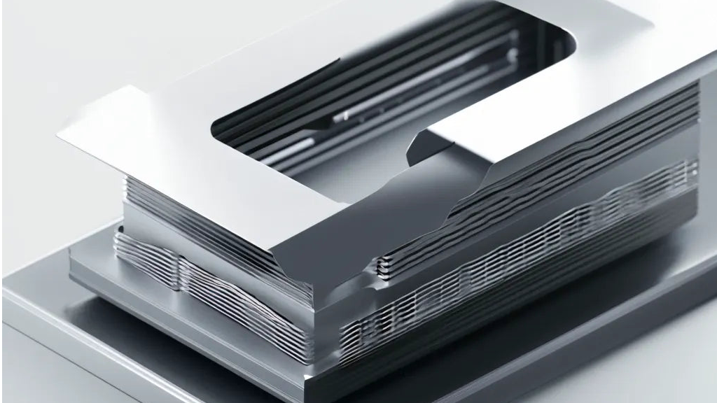 The image shows a 3D rendering of a silver metal box with a rectangular shape and a cutout section on one side, revealing multiple layers of intricate patterns inside