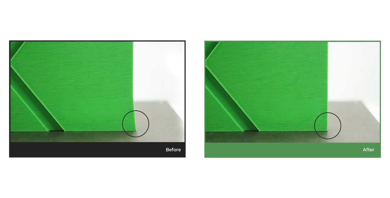 A before-and-after image showing a close-up of a green 3D-printed object. The 'after' image displays a much cleaner edge