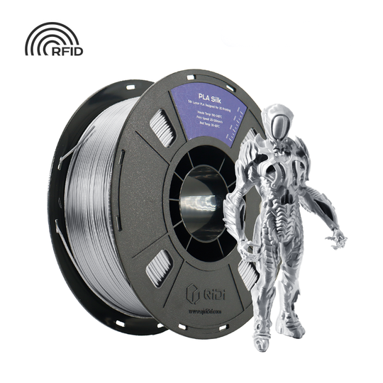 Silver QIDI PLA Silk filament spool with RFID tag for automatic filament identification, product photo isolated on white.