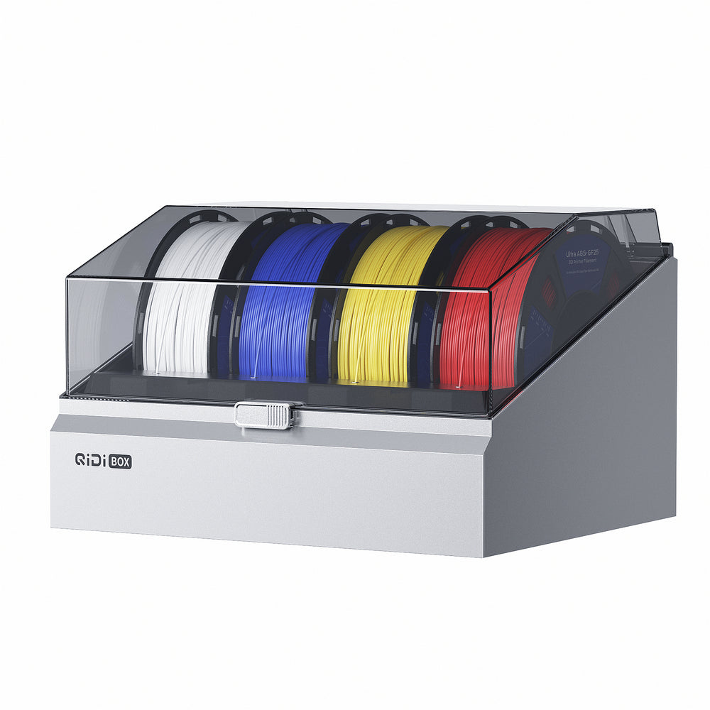 QIDI BOX filament storage unit with four spools of filament in white, blue, yellow, and red.