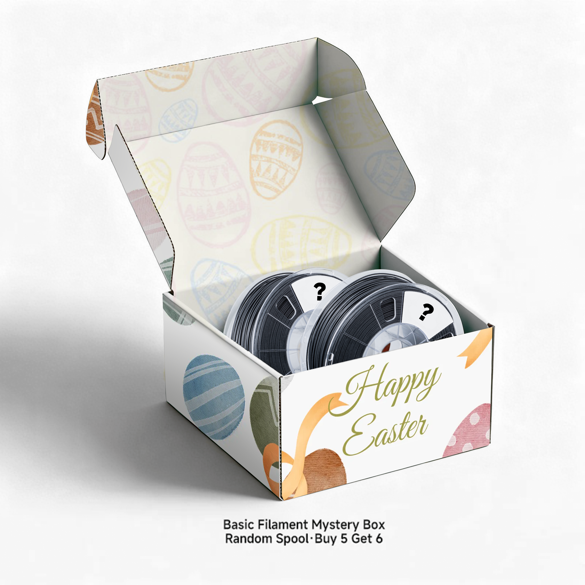QIDI TECH Basic Filament Mystery Box with Happy Easter themed packaging, featuring 6 random spools of 3D printing filament for the price of 5.